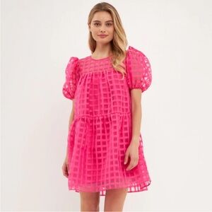 English Factory Gridded Puff‎ Sleeve Mini Dress